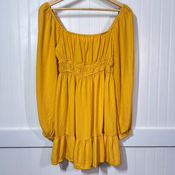 Forever 21 Boho Yellow Long Sleeve Mini Dress Square Neck Smocked Waist Ruffle - Picture 2 of 11